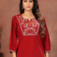 Rajwada Deep Red Cotton Blend Embroidered Kurti For Women