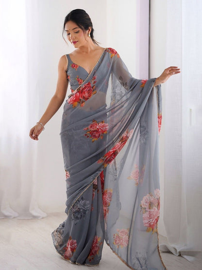Rajwada Grey Georgette Printed Saree For Women