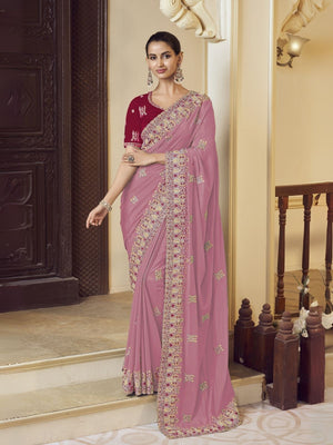 Rajwada Light Pink Georgette Embroidered Elegant Saree For Women