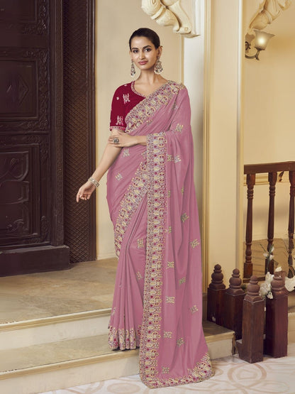 Rajwada Light Pink Georgette Embroidered Elegant Saree For Women
