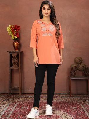 Rajwada Peach Cotton Blend Embroidered Kurti For Women
