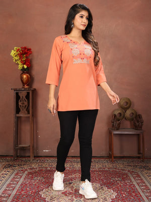 Rajwada Peach Cotton Blend Embroidered Kurti For Women