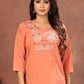 Rajwada Peach Cotton Blend Embroidered Kurti For Women
