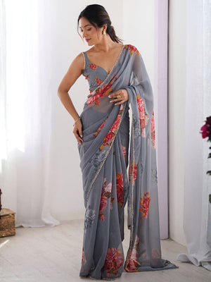 Rajwada Grey Georgette Printed Saree For Women