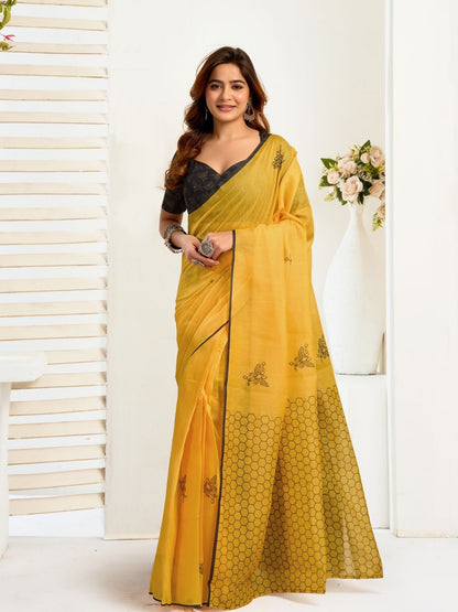 Rajwada Yellow Cotton Linen Zari Work Saree For Women