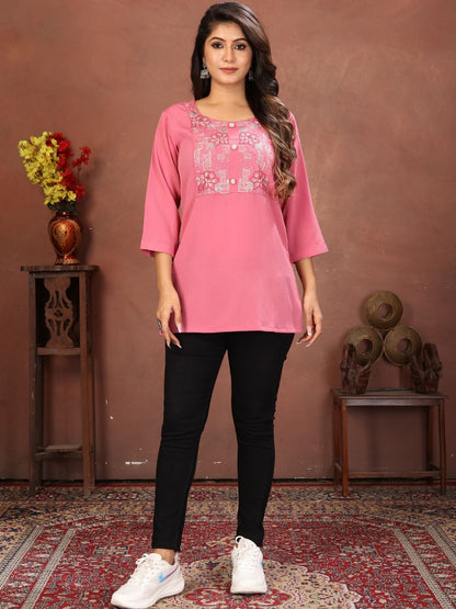 Rajwada Pink Cotton Blend Embroidered Kurti For Women