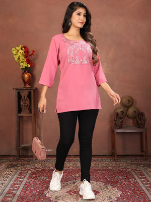Rajwada Pink Cotton Blend Embroidered Kurti For Women