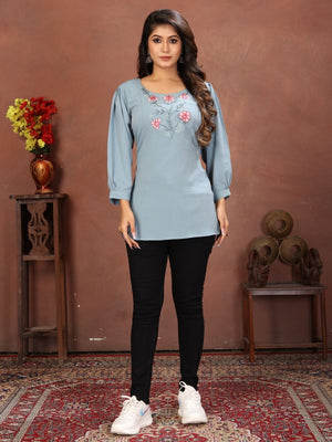 Rajwada Dusty Blue Cotton Blend Embroidered Kurti For Women