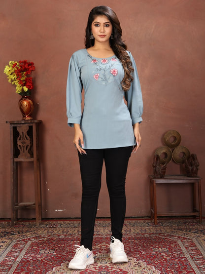 Rajwada Dusty Blue Cotton Blend Embroidered Kurti For Women