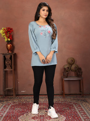 Rajwada Dusty Blue Cotton Blend Embroidered Kurti For Women