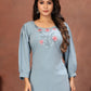 Rajwada Dusty Blue Cotton Blend Embroidered Kurti For Women