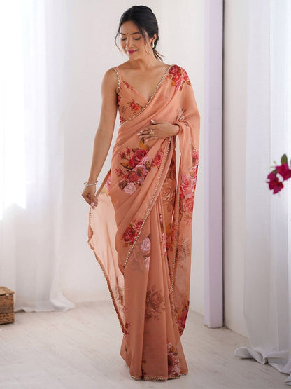 Rajwada Peach Georgette Printed Saree For Women