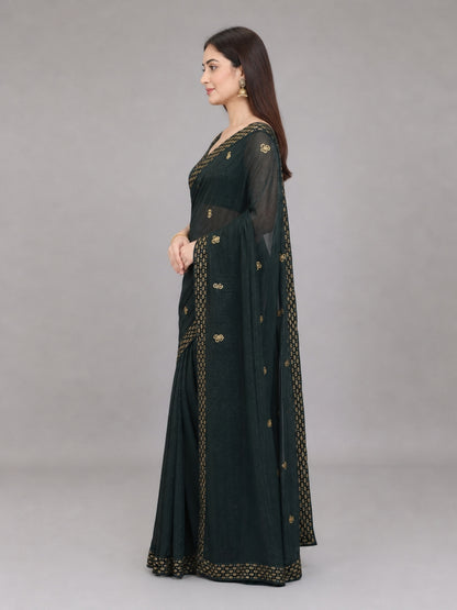 Dark Green Silk Blend Embellished Saree