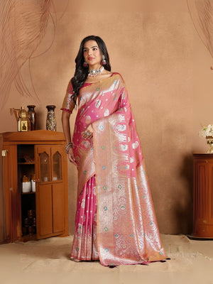 Rajwada Pink Silk Blend Woven Elegant Saree For Women