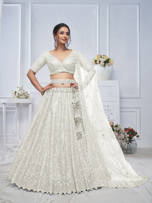 Rajwada White Soft Net Embellished Semi-Stitched Lehenga With Unstitched Blouse For Women