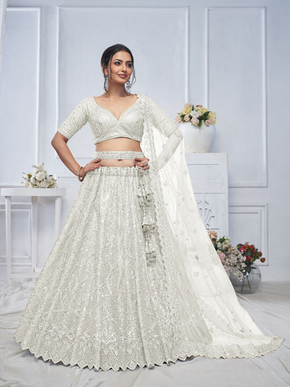 Rajwada White Soft Net Embellished Semi-Stitched Lehenga With Unstitched Blouse For Women