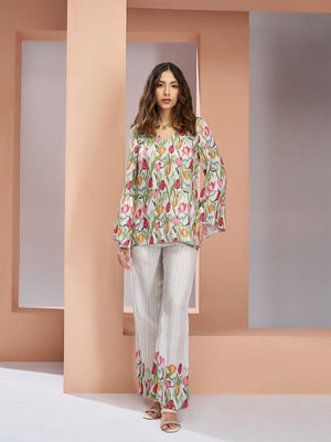 Rajwada White Linen Printed Stitched Co-Ord Set For Women