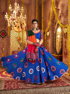 Rajwada Blue Viscose Cotton Embroidered Semi-Stitched lehenga With Stunning Tassels For Women