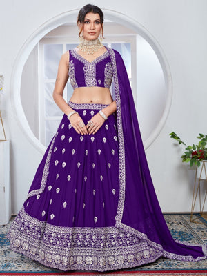 Rajwada Purple Georgette Thread Embroidered Semi-Stitched Lehenga For Women