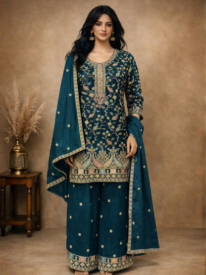 Rajwada Teal Blue Chinon Embroidered Semi-Stitched Kurta Set For Women