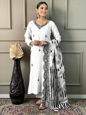 Rajwada White Viscose chanderi Embroidered Stitched Kurta Set For Women