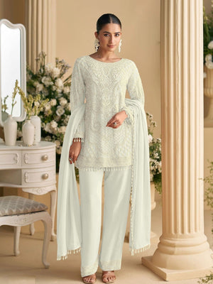 Rajwada White Georgette Embellished Semi Stitched Kurta Set For Women