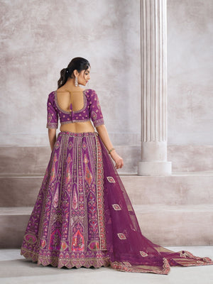 Rajwada Purple Banarasi Silk Embroidered Semi-Stitched Lehenga For Women