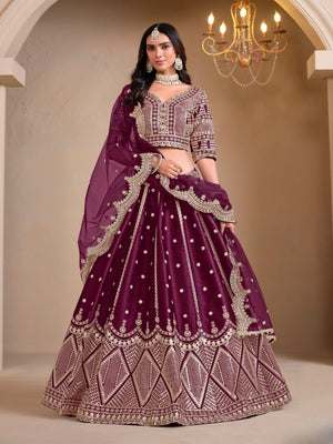 Rajwada Wine Art Silk Embroidered Semi-Stitched lehenga For Women