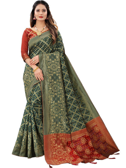 Rajwada Dark Green Silk Blend Embellished Saree For Women