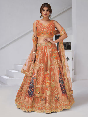 Rajwada Rust Silk Blend Embroidered Semi-Stitched Lehenga For Women