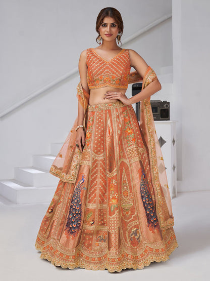 Rajwada Rust Silk Blend Embroidered Semi-Stitched Lehenga For Women
