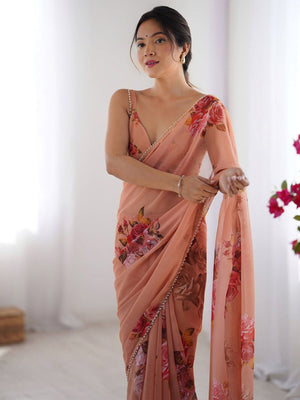 Rajwada Peach Georgette Printed Saree For Women