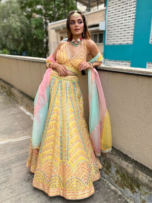 Rajwada Yellow Silk Blend Embroidered Semi-Stitched lehenga For Women