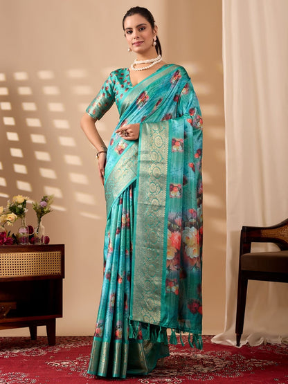 Rajwada Aqua Blue Silk Blend Printed Saree For Women
