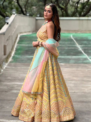 Rajwada Yellow Silk Blend Embroidered Semi-Stitched lehenga For Women