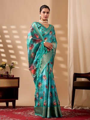 Rajwada Aqua Blue Silk Blend Printed Saree For Women