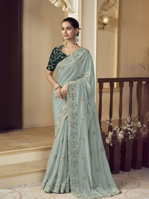 Rajwada Sea Green Georgette Embroidered Elegant Saree For Women