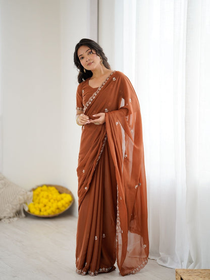 Rajwada Rust Brown Georgette Embroidered Saree For Women