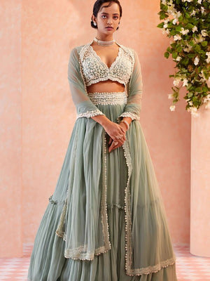 Rajwada Grey Georgette Embroidered Semi-Stitched lehenga For Women