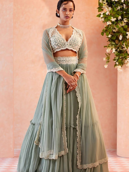 Rajwada Grey Georgette Embroidered Semi-Stitched lehenga For Women