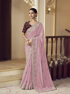 Rajwada Light Pink Georgette Embroidered Elegant Saree For Women
