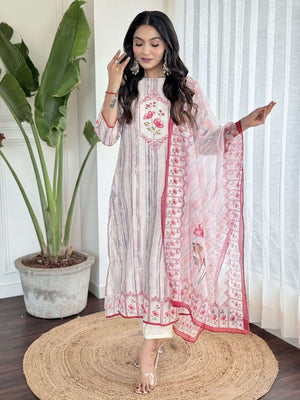 Rajwada Off White And Red Viscose Embroidered And Printed Stitched Kurta Set For Women