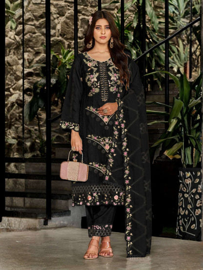 Rajwada Black Georgette Embellished Semi-Stitched Kurta Set For Women