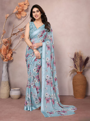 Rajwada Light Blue Satin Printed Saree With Unstitched Blouse For Women