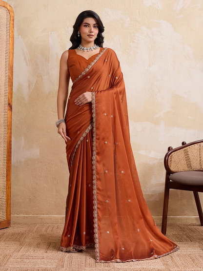 Rajwada Rust Silk Blend Embroidered Saree For Women