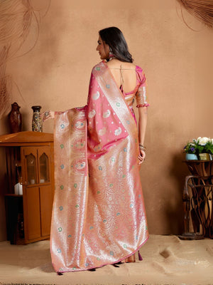 Rajwada Pink Silk Blend Woven Elegant Saree For Women
