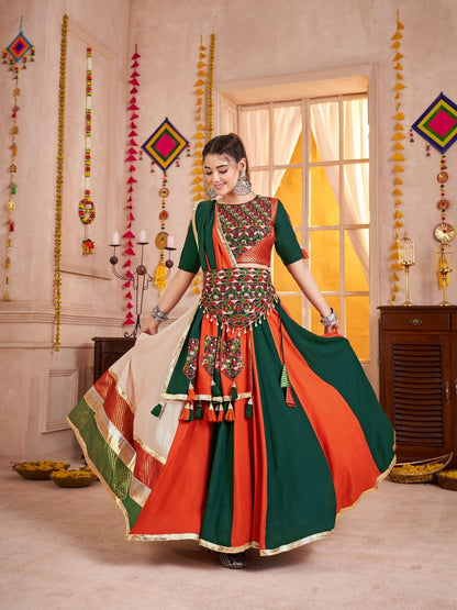 Rajwada Multicolor Cotton Blend Solid With Golden Border Semi-Stitched Lehenga For Women