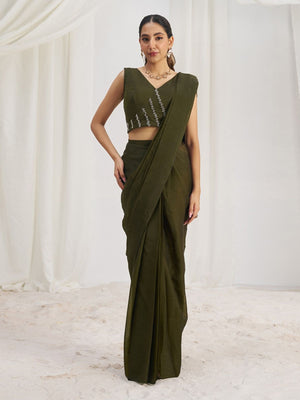 Rajwada Olive Organza Solid Ready To Wear Saree With Stitched Blouse For Women