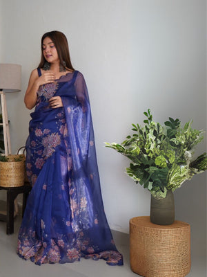 Rajwada Royal Blue Organza Printed Saree With Unstitched Blouse For Women