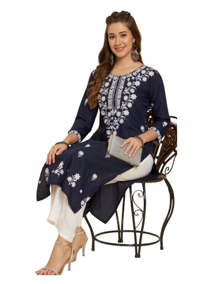 Rajwada Navy Blue Rayon Embroidered Kurti For Women